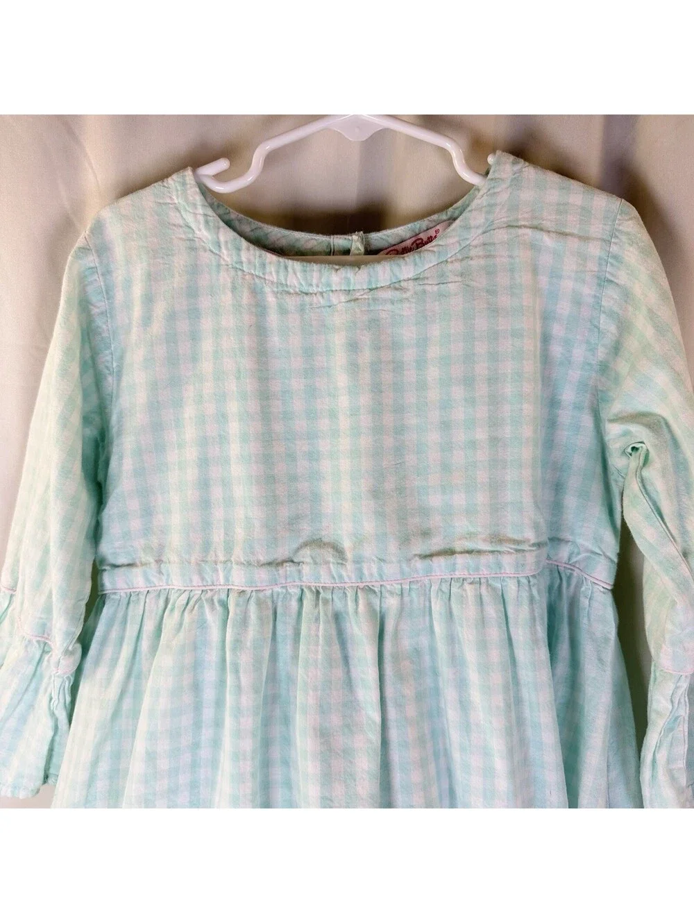 Rufflebutts Mint Green Gingham Check Long Sleeve Lined Dress Pink Accents Sz 8